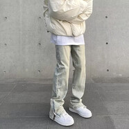 7家優(yōu)品美式復古水洗牛仔褲男寬松高街直筒hiphop設計感痞帥百搭情侶褲子 JG-N1103黃色 XL