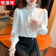 恒源祥秋季女裝長袖襯衫法式荷葉領木耳邊泡泡袖襯衣中年女士刺繡上衣 白色【刺繡木耳荷葉邊】 2089# XL 108-120斤
