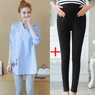 孕婦裝春秋裝2021新款孕婦連衣裙純棉襯衫長(cháng)袖上衣t恤套裝 867藍色長(cháng)袖上衣+黑色長(cháng)褲【一套】 L【適合約115-130斤】