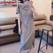 LOVER RUCCI純棉短袖t恤裙女2025夏季新款中長(cháng)款寬松過(guò)膝長(cháng)裙卡通時(shí)尚連衣裙 灰色(字母微笑米奇款) XL