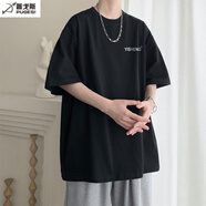 普戈斯（PUGESI）酒紅色320克重磅t恤男夏季廓形三本針落肩純棉短袖小領(lǐng)口情侶半袖 黑色 XL