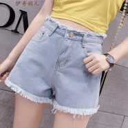 伊奇羽兒夏季藍色流蘇修身牛仔褲運動(dòng)短褲子純色寬松女裝闊腿女士熱褲 淺藍色短褲 29(2尺2)