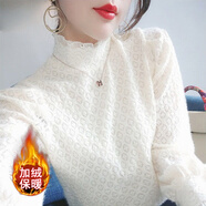 婷婉美薄款/加絨半高領(lǐng)鉤花長(zhǎng)袖蕾絲衫女秋冬新款氣質(zhì)內(nèi)搭打底衫上衣潮 加絨款 白色 M