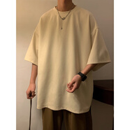 胖胖到家高克重磅t恤男美式復(fù)古麂皮絨小領(lǐng)口短袖男款半袖純色大碼五分袖 米色 S