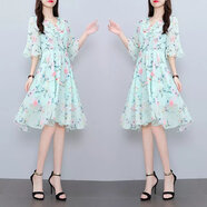 索宛亦（SUOWANYI）2023新款大碼夏季胖mm碎花雪紡洋氣裙胖妹妹遮肚顯瘦連衣裙200斤 綠色 4XL 建議180-200斤