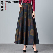 vuzrmm輕奢品牌女裝新品秋冬復古高腰花色毛呢半身裙長(cháng)裙大擺A字印花冬裙女舞裙中年厚裙子 氣質(zhì)方格 S1.8-1.9尺長(cháng)度85厘米
