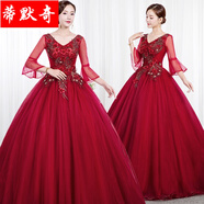 音樂(lè )藝考禮服蓬蓬帶袖彩紗學(xué)生聲樂(lè )主持人演出服裝女士舞臺獨唱蓬蓬裙長(cháng)款晚禮服女成人唱歌 酒紅色 XXL
