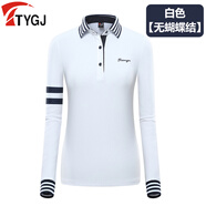 TTYGJ 高爾夫服裝 秋季高爾夫女士韓版長(cháng)袖 休閑運動(dòng)衣 翻領(lǐng)球衣T恤運動(dòng)網(wǎng)球裙防走光短裙套裝 白色上衣（不含蝴蝶結扣） S