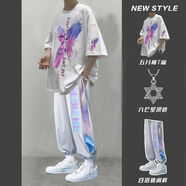 曙影港風(fēng)夏天嘻哈短袖t恤兩件套裝男生韓版潮流初中學(xué)生男裝聯(lián)名青年夏季搭配休閑一套衣服 DY04白色短袖+957灰褲 30 無(wú)項(xiàng)鏈 XL
