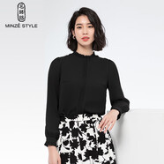 名師路 雪紡衫女長(cháng)袖木耳邊立領(lǐng)襯衣春秋女裝時(shí)尚簡(jiǎn)約風(fēng)琴褶直筒襯衫女 黑色88 L