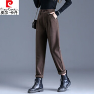 皮爾卡丹（pierre cardin）毛呢褲子女秋冬新款高腰寬松直筒顯瘦休閑煙管蘿卜老爹哈倫褲 咖啡色 【保暖毛呢 升級版】 加厚 S 建議 85-100斤