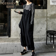 歌班婭牛仔背帶褲女春秋小個(gè)子洋氣減齡可愛(ài)日系復古寬松直筒闊腿褲ins 黑色常規款 XL