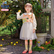 男生女生24款童裝女童連衣裙套裝兒童紗裙春秋款娃娃領(lǐng)公主裙 米色 105cm