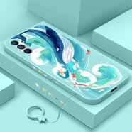謄揚 適用 opporeno6手機殼 OPPO側邊液態(tài)硅膠防摔軟殼直邊保護套中國風(fēng)國潮男女 【淡青色】藍鯨-贈膜+掛環(huán) opporeno6