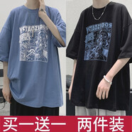 DCOUD短袖T恤男夏季ins潮牌寬松百搭t恤衫男士簡(jiǎn)約港風(fēng)半袖大碼男裝 漫畫(huà)-藍 漫畫(huà)-黑 XL