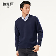恒源祥純羊毛衫男V領秋冬套頭加厚保暖打底衫毛衣純色內(nèi)搭針織衫長袖 藏青 L /175/92A