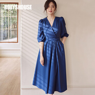 ROEYSHOUSE羅衣氣質(zhì)系帶收腰連衣裙秋裝新款V領(lǐng)顯瘦大擺裙子06139 深藍色 S