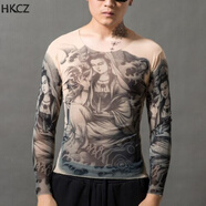 HKCZ紋身衣服男夏季社會修身印花T恤情侶刺青關(guān)公圓領(lǐng)上衣女長袖花臂 長袖CS-41 均碼 【長袖：男女通用】