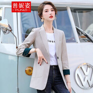 普妮姿小西裝外套女春秋新款韓版時(shí)尚復(fù)古風(fēng)長(zhǎng)袖小個(gè)子休閑網(wǎng)紅西服上衣 1925#杏色一?？畚餮b 2XL