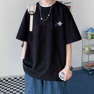 大魚界線純色t恤男潮牌潮流百搭ins寬松半袖男夏季新款青少年衣服男生短袖 風(fēng)車-黑色 L(120-135斤）