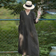 知筆墨文藝女裝夏新品亞麻色織無(wú)硅油V領(lǐng)繭型顯瘦連衣裙 棕櫚綠 M