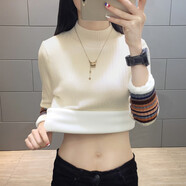 KJ保暖內(nèi)衣新款半高領(lǐng)保暖上衣女士毛衣秋冬季加絨加厚打底保暖衣女 加絨米白色（彩色袖） M
