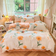 兰芮（Lanrui） 纯棉四件套床上用品学生宿舍床单枕套被套印花全棉套件 莫兰花橙 165*210cm三件套(1.2m床)