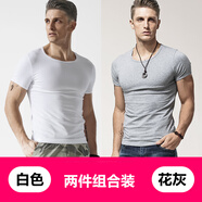 簡(jiǎn)束 短袖T恤男純色棉質(zhì)t恤夏季休閑運(yùn)動(dòng)緊身t恤男圓領(lǐng)修身打底汗衫潮 白色+花灰（兩件裝） XL （70kg左右）