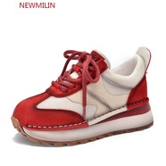 NEWMILIN牛皮系帶阿甘鞋女款秋冬新款厚底超輕運(yùn)動跑步鞋華夫休閑鞋女鞋潮 紅色 單層 真皮拼色單鞋 36 厚底運(yùn)動板鞋女