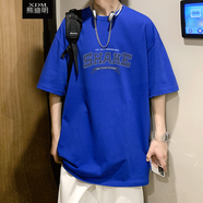 埖煦純棉短袖t恤男23夏季新款情侶裝潮流港風(fēng)印花短袖T恤上衣班服 克萊因藍(lán) 2XL