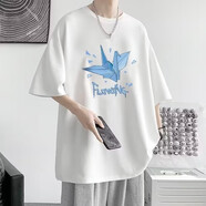 暢登港風(fēng)印花短袖T恤男潮牌夏季薄款圓領(lǐng)大碼寬松上衣五分袖學(xué)生t恤衫 白色【T2113 冰紙鶴】 L