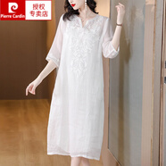 皮爾卡丹（pierre cardin）亞麻繡花連衣裙女2025夏季新款寬松顯瘦透氣親膚高級感氣質(zhì)中長(cháng)裙 白色 2XL