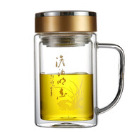 淵之源雙層玻璃杯大容量辦公水杯過(guò)濾網(wǎng)耐熱保溫茶杯透明真空帶蓋定制 辦公杯(花色隨機(jī)) 380ml