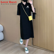 LOVER RUCCI純棉長(zhǎng)款t恤女短袖夏季翻領(lǐng)寬松顯瘦運(yùn)動(dòng)休閑簡(jiǎn)約2025polo連衣裙 黑衣-小白M字純棉珠地料】 XL 120-140斤