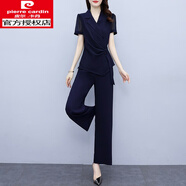 皮爾卡丹（pierre cardin）2025夏季新款韓版女裝時(shí)尚V領(lǐng)純色雪紡上衣闊腿長(zhǎng)褲子兩件套套裝 藏青色 L(建議100-115斤)