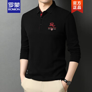 羅蒙（ROMON）男士純棉長(cháng)袖t恤帶領(lǐng)子白色春秋裝寬松刺繡POLO保羅衫打底衫體恤 黑色 165/S 適合105-120斤