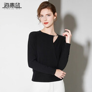 海青藍(lán)簡(jiǎn)約設(shè)計(jì)感不對(duì)稱(chēng)疊襟扣針織衫2024秋冬新款鏤空休閑長(zhǎng)袖上衣女 雅黑色 S
