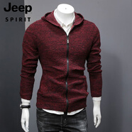 JEEP SPIRIT毛衣男帶帽純色潮韓版修身菠蘿紋路線衣拉鏈毛衫外套男士針織開衫 紅色 M