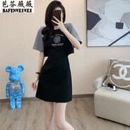 芭芬薇薇短袖休閑連衣裙女夏2025新款顯瘦時(shí)尚洋氣減齡露腰中長款t恤裙子 黑色 L