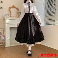 范哲莎半身裙秋冬季女中長(cháng)款a字裙日系新花邊雙層裙女高腰設計顯瘦半身 黑色半身裙 XL