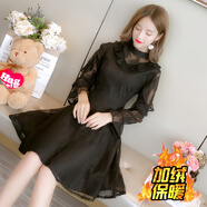 卡富亞冬裝連衣裙加厚矮個(gè)子小個(gè)子打底裙短款秋冬款連體裙加絨蕾絲女 8161#加絨黑色 2XL_建議125-135斤