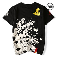 天龍致尊（Denon supreme）短袖t恤男女潮牌夏季中國風(fēng)鯉魚(yú)刺繡海浪印花半袖情侶T恤衫 763悟空黑色 M (建議100-115斤)