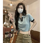 Radinka2025夏新款辣妹掛脖假兩件T恤小心機顯瘦針織衫女短款性感上衣BLL 減齡顯瘦藍色 均碼