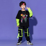 魅樂凱兒童街舞潮服男童嘻哈長袖hiphop演出服女童爵士舞服少兒走秀套裝 黑色星星假兩件上衣+黑褲+發(fā)帶 130 （男女同款，尺碼偏大）
