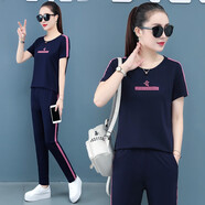 匹卡特（PIKATE）短袖T恤女夏天女裝套裝薄款新款韓版潮流夏季棉休閑寬運動套裝女 寶藍+九分褲 M