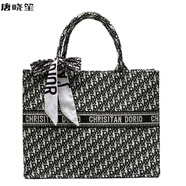 唐曉笙同款包包2021韓版新款刺繡托特包手提大包大容量女包休閑潮 黑色大款帶絲巾