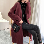 BUTAO女裝毛衣女開(kāi)衫外套新款春秋外搭針織衫寬松百搭中長(cháng)款上衣 酒紅色 M