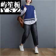 嶼笙梔巧減衛(wèi)衣女潮流減齡大馬碼女裝長袖衛(wèi)衣襯衫秋新款寬松條紋拼接撞色顯瘦假兩件上衣 藏青色 收藏加購優(yōu)先發(fā)貨 大馬均碼