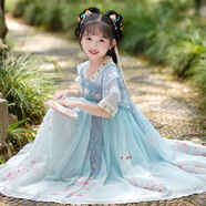 安妮優(yōu)兒漢服女童夏裝2025新款古風(fēng)連衣裙子夏季女孩唐裝兒童超仙古裝夏款 藍(lán)色 130