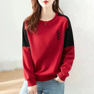 莎羽依含棉衛(wèi)衣女2024春秋新款長袖t恤拼色寬松顯瘦外穿打底衫秋衣女潮 紅色[黑色字母C] XL建議[105-125斤]